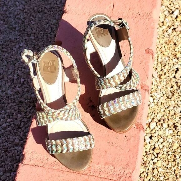 Frye Corrina Whipstitch Leather 5" Wedge 1" Platform Adjustable Sz 10 Sandal - Picture 2 of 13